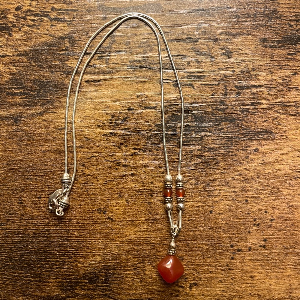 Silver and Red Necklace with Dainty Chain and Glossy Pendant